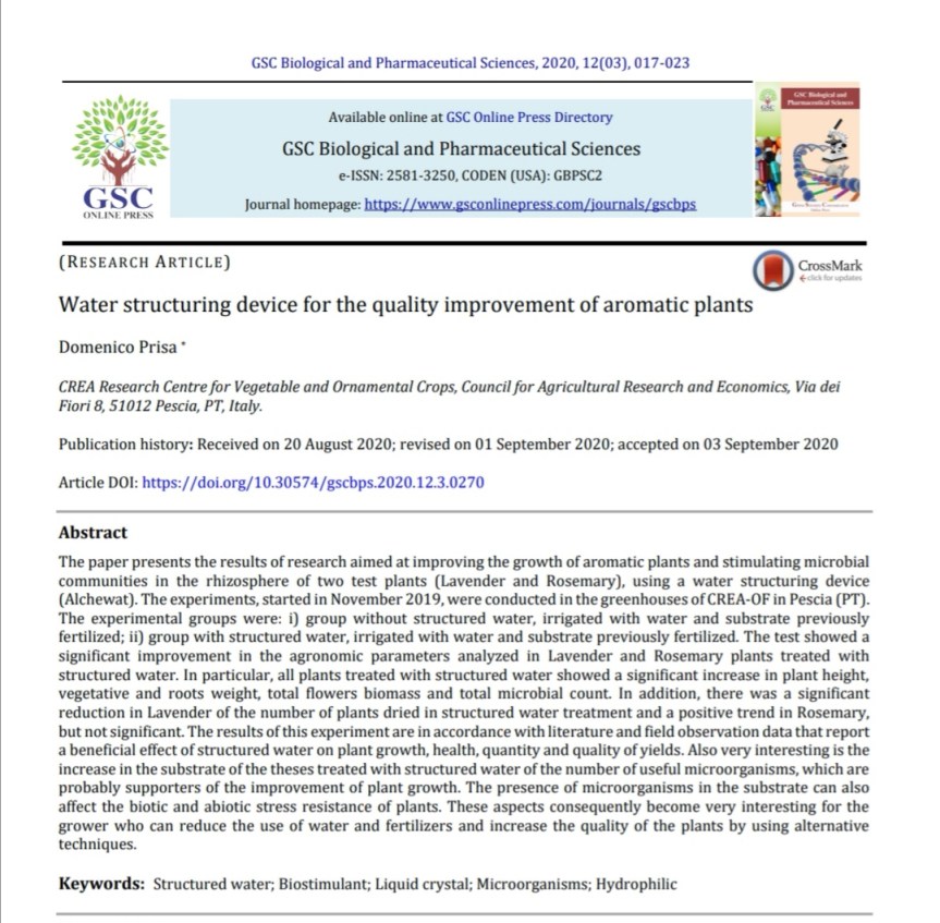 Ricerca: Dispositivo per energizzare l’acqua per il miglioramento della coltivazione di piante&nbsp;aromatiche