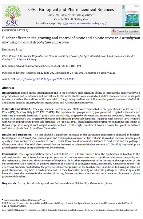 Biochar effects in the growing and control of biotic and abiotic stress in Astrophytum myriostigma and Astrophytum&nbsp;capricorne