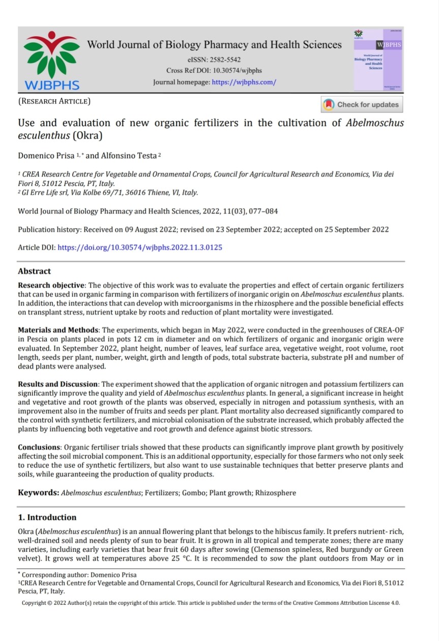 Utilizzo di nuovi fertilizzanti organici per la coltivazione di piante ortivepianta d’interesse Abelmoschus esculentus&nbsp;(Okra)