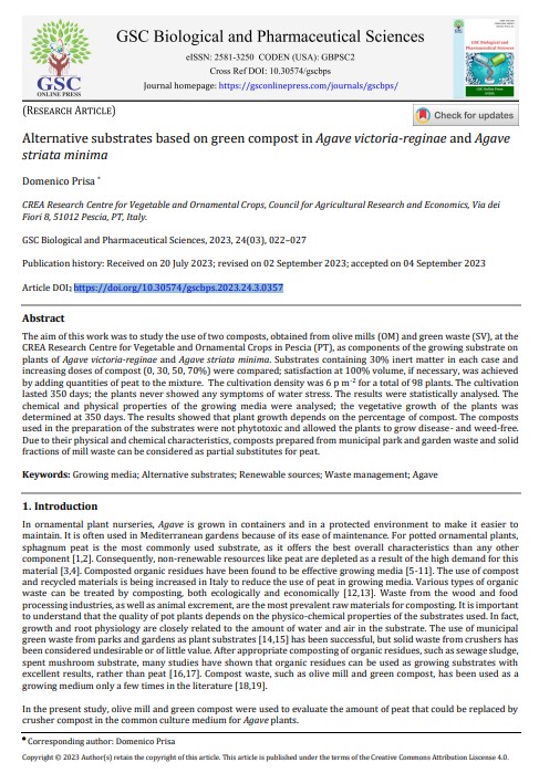 Alternative substrates based on green compost in Agave victoria-reginae and Agave striata&nbsp;minima
