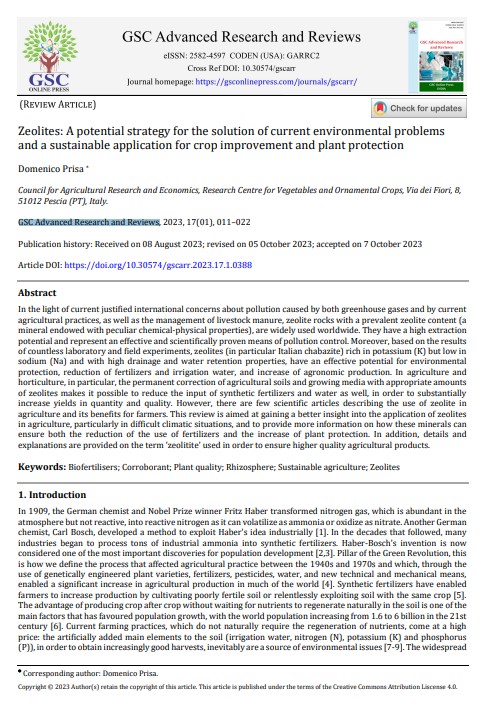Articolo: Zeoliti, una potenziale strategia per la soluzione dei correnti problemi ambientali e un’applicazione sostenibile per il miglioramento delle coltivazioni e la protezione delle&nbsp;piante