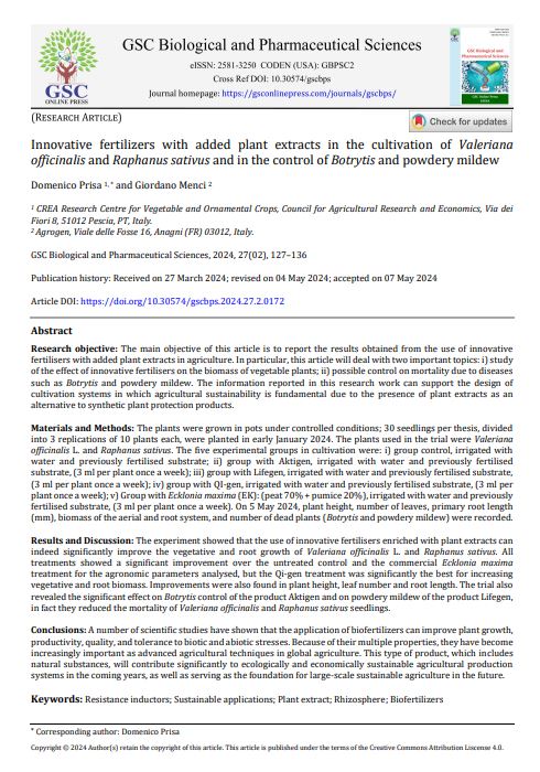 Article: Innovative fertilizers with added plant extracts in the cultivation of Valeriana officinalis and Raphanus sativus and in the control of Botrytis and powdery&nbsp;mildew