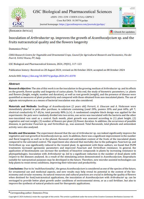 Article: Inoculation of Arthrobacter sp. improves the growth of Acanthocalycium sp. and the fruits nutraceutical quality and the flowers&nbsp;longevity