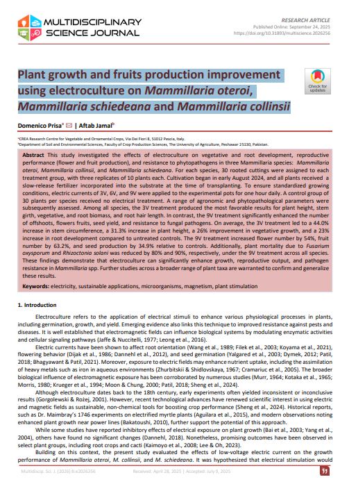 Plant growth and fruits production improvement using electroculture on Mammillaria oteroi, Mammillaria schiedeana and Mammillaria&nbsp;collinsii