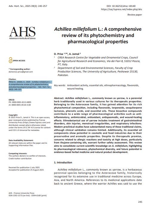 Pubblicazione Scopus: Achillea millefolium L.: A comprehensive review of its phytochemistry and pharmacological&nbsp;properties