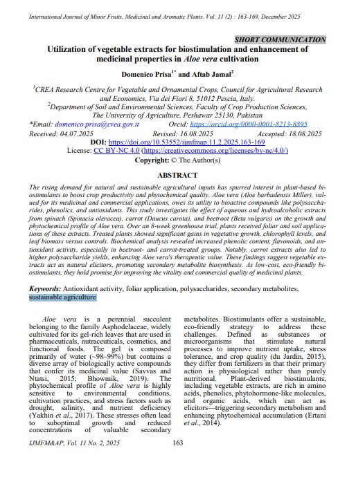 Pubblicazione Scopus: Utilization of vegetable extracts for biostimulation and enhancement ofmedicinal properties in Aloe vera&nbsp;cultivation