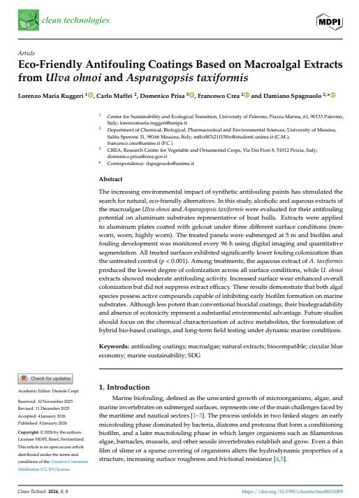 Pubblicazione Scopus: Eco-Friendly Antifouling Coatings Based on Macroalgal Extracts from Ulva ohnoi and Asparagopsis&nbsp;taxiformis