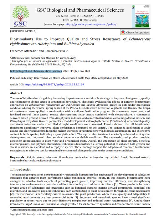 Article: Biostimulants Use to Improve Quality and Stress Resistance of Echinocereus rigidissimus var. rubrispinus and Bulbine&nbsp;abyssinica