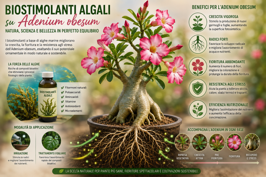 Biostimolanti algali su Adenium obesum: una strategia naturale per crescita, fioritura e resistenza agli&nbsp;stress
